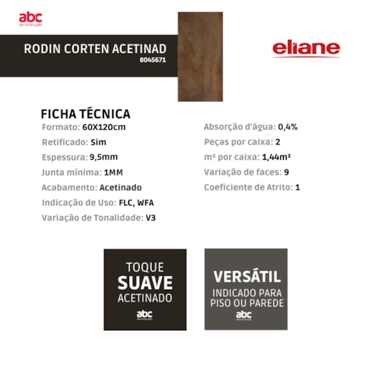Porcelanato Eliane Rodin Corten Acetinado 60x120cm Retificado - Imagem principal - 3614724a-9907-4dfa-af42-5247e36a614b