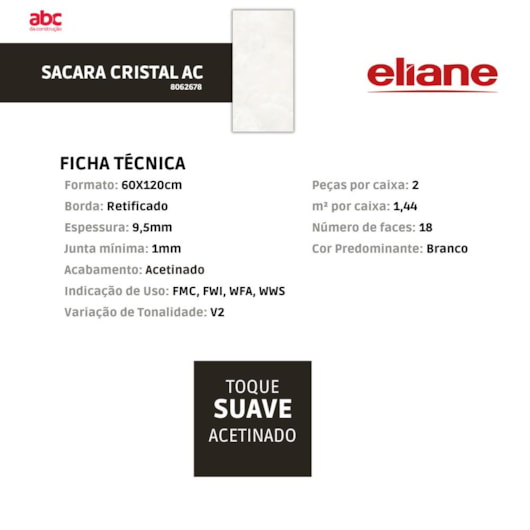 Porcelanato Eliane Sacara Cristal Acetinado 60x120cm Retificado - Imagem principal - 610ad5e2-bb69-4d92-ab83-eb639c724eed