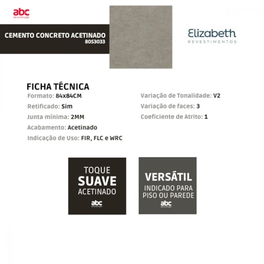 Porcelanato Elizabeth Cemento Concreto Acetinado 84x84cm Cinza Retificado  - Imagem principal - ae2920c1-5d62-4701-80c4-6d21f24c8cb0
