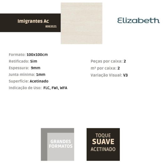 Porcelanato Elizabeth Imigrantes Acetinado 100x100cm Retificado - Imagem principal - 5b4229a9-bea2-4976-930c-f660f299424d