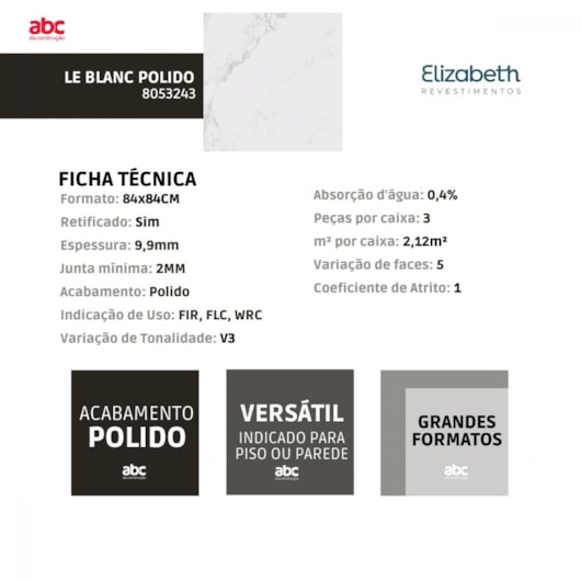 Porcelanato Elizabeth Le Blanc Polido 84x84cm Retificado - Imagem principal - ba87ccf5-82e2-446b-a9d2-1f3665f045d7
