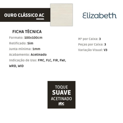 Porcelanato Elizabeth Ouro Clássico Acetinado 100x100cm Retificado
