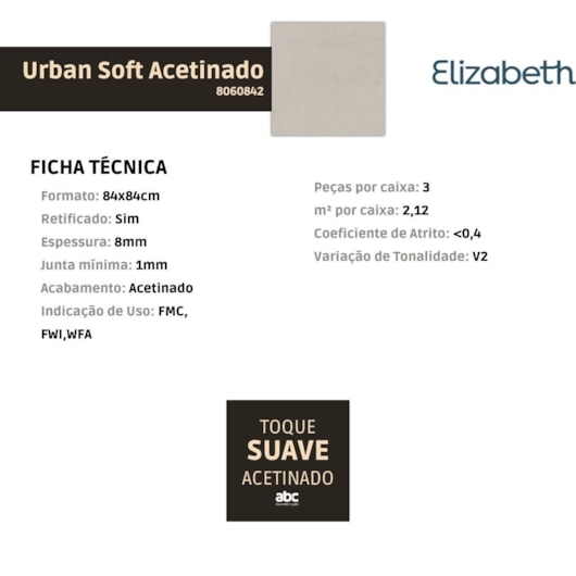 Porcelanato Elizabeth Urban Soft Acetinado 84x84cm Cinza Retificado - Imagem principal - d98cc3a6-ca6f-4eb0-abfa-57c4456ead87