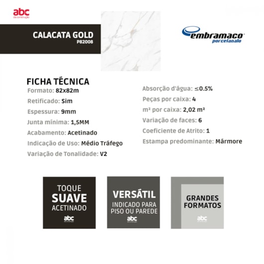 Porcelanato Embramaco Calacata Gold Branco Polido 82x82cm Retificado  - Imagem principal - c2dfd191-dc69-47d6-a236-970e5989f1cc