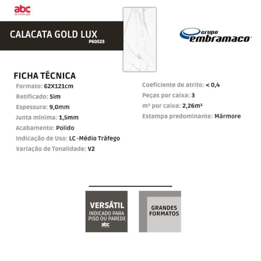 Porcelanato Embramaco Calacata Gold Lux Polido 62x121Cm Retificado - Imagem principal - ee796e60-ed05-4afe-a9c8-59cd649c6545