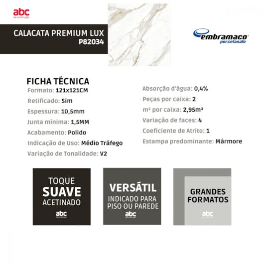 Porcelanato Embramaco Calacata Premium Lux Plus Polido 82x82cm Mármore Retificado  - Imagem principal - 12d36984-9661-47b7-a3b0-2155c507804d