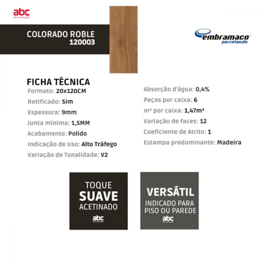 Porcelanato Embramaco Colorado Roble 20x122cm Retificado - Imagem principal - 2f9c91b6-0d3e-40c4-8fbc-d495cf259947