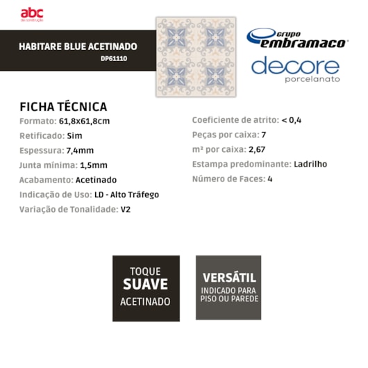 Porcelanato Embramaco Decore Habitare Blue Acetinado 61,80x61,80cm Retificado - Imagem principal - 177fb0fa-4e89-4e01-ba97-3837f6a6d29d