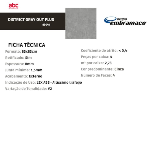 Porcelanato Embramaco District Gray Out Plus Externo 83x83cm Retificado - Imagem principal - cd1ae638-050a-4ffc-b5ee-5508a1495f66