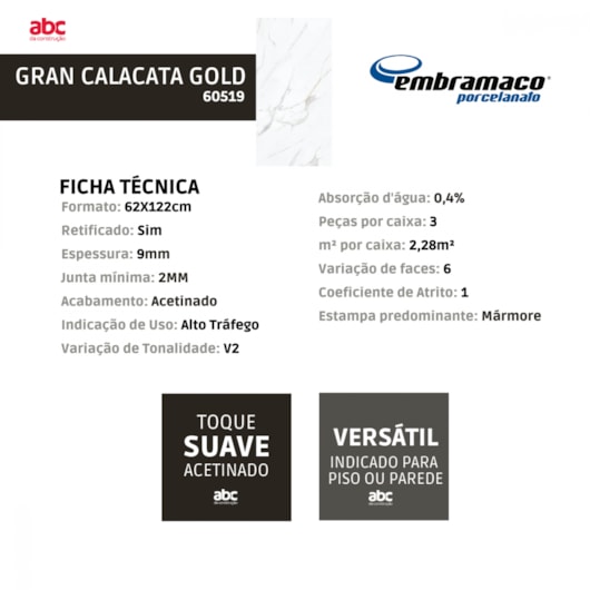 Porcelanato Embramaco Gran Calacata Gold Acetinado 62x122cm Mármore Retificado  - Imagem principal - 8bb9fb8c-ce4a-4172-9d3a-b8f027ca0b71