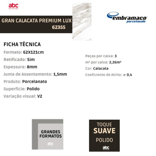 Porcelanato Embramaco Gran Calacata Premium Lux Polido 62x121cm Retificado - Imagem principal - 0df02441-2853-48b8-b53a-b871530f1139