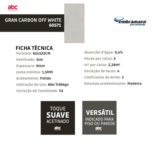 Porcelanato Embramaco Gran Carbon Off White Acetinado 62x122Cm Retificado  - Imagem principal - 270f060c-c1e9-47e5-8ddb-681ba127bda6