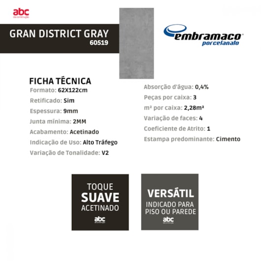 Porcelanato Embramaco Gran District Gray Acetinado 62x122cm Retificado  - Imagem principal - 96440bfe-4db9-4a76-bfc1-218427789e53