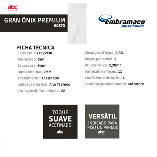 Porcelanato Embramaco Gran Ônix Premium Acetinado 60570 62x122cm Retificado  - Imagem principal - 47fcef98-e2c6-4db6-997f-87259fefa71c