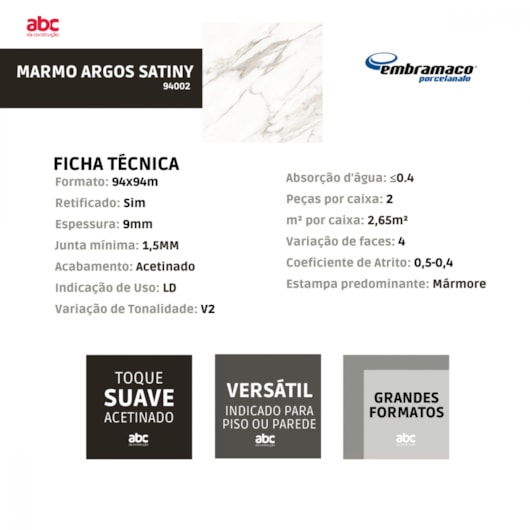 Porcelanato Embramaco Marmo Argos Satiny 94002 94x94cm Retificado - Imagem principal - aaca624a-a94a-4910-b5ca-e3b0a926303f