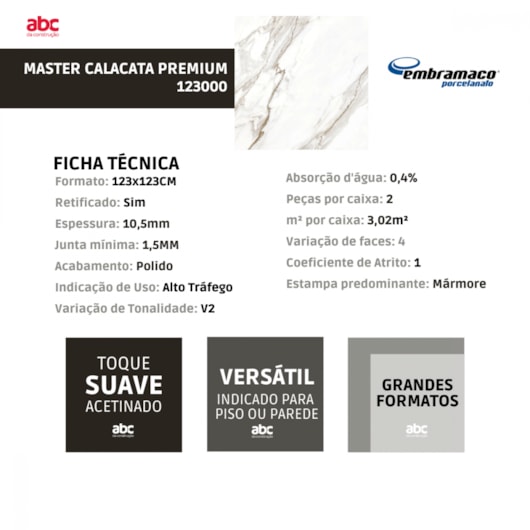 Porcelanato Embramaco Master Calacata Premium 123000 123x123cm Retificado - Imagem principal - 6d5a9db9-612b-4e3d-b0f6-ecc137386848