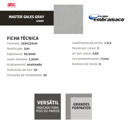 Porcelanato Embramaco Master Gales Gray Acetinado 123x123cm Retificado - Imagem principal - 8e30d27d-8a58-4d89-8f5d-c2cb39116a3d