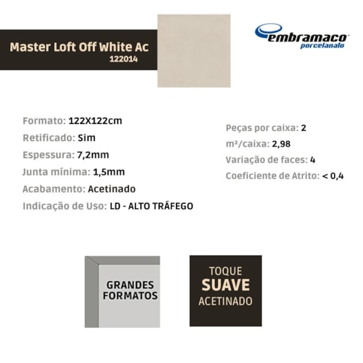 Porcelanato Embramaco Master Loft Off White Acetinado 122x122cm Retificado - Imagem principal - 58753ae9-edaf-4532-a6e2-bef3ffab1631