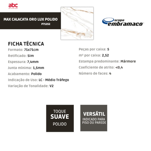 Porcelanato Embramaco Max Calacata Oro Lux P71252 71x71cm Retificado - Imagem principal - 7c82bf17-ac42-44f4-a8b3-d9f0ad03b36e