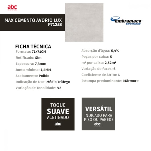 Porcelanato Embramaco Max Cemento Avorio Lux 71x71cm Retificado - Imagem principal - e784cd23-8c64-4754-ad18-09bcfcf2ca40