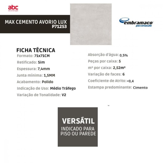 Porcelanato Embramaco Max Cemento Avorio Lux P71253 Polido 71x71cm Retificado - Imagem principal - 8cc12efa-7b77-4a53-9fb1-86d582b00597