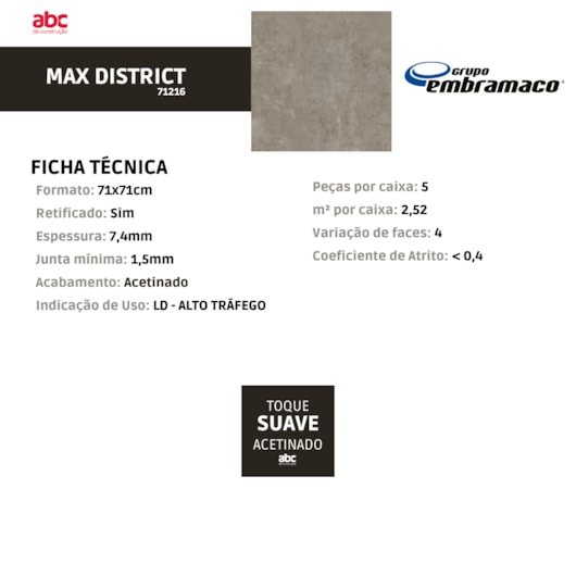 Porcelanato Embramaco Max District Gray 71216 71x71cm Retificado - Imagem principal - bca4ca4c-4e9a-4443-8882-6e7ab708693c