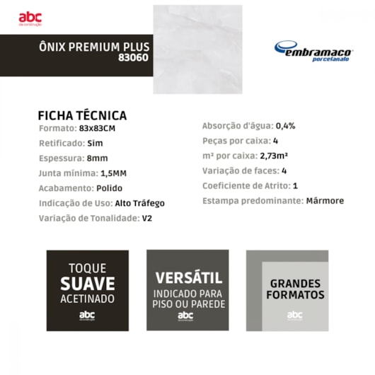 Porcelanato Embramaco Ônix Premium Plus Acetinado 83x83cm Mármore Retificado  - Imagem principal - f902c397-d062-47ad-be64-e5893cd2fc49