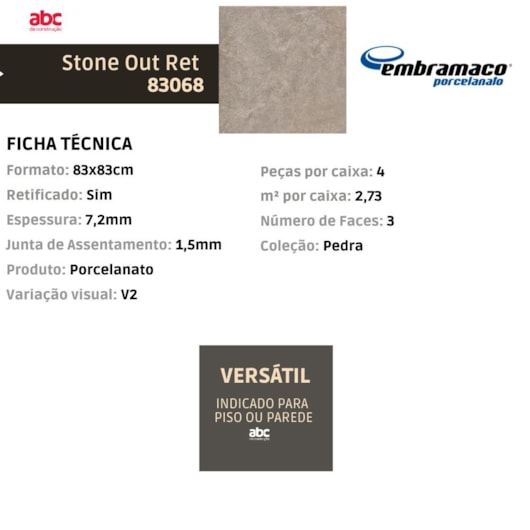 Porcelanato Embramaco Stone Out 83068 83x83cm Retificado - Imagem principal - 6e96fccd-8aa4-4ced-a93d-a1b92f7a3529