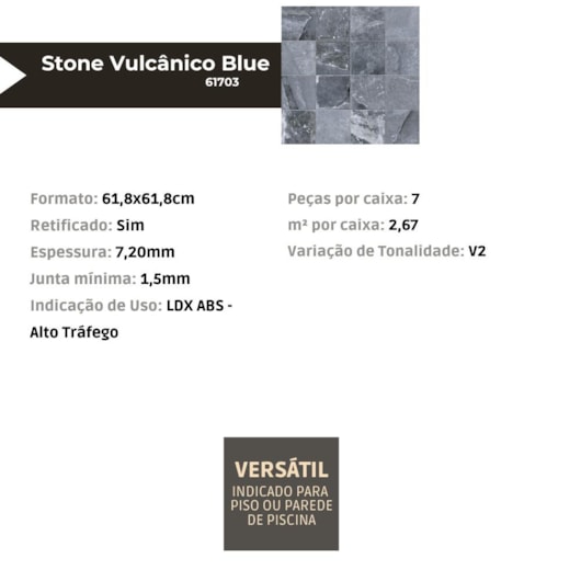 Porcelanato Embramaco Stone Vulcânico Blue 61,8x61,8cm Retificado - Imagem principal - 8a4cf66c-51ed-4bca-8a53-81d8da6cfbc4