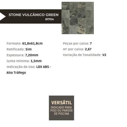 Porcelanato Embramaco Stone Vulcânico Green Ldx Abs 61,8X61,8cm Retificado - Imagem principal - 4546c827-543f-47e6-941a-ddabfd830b08