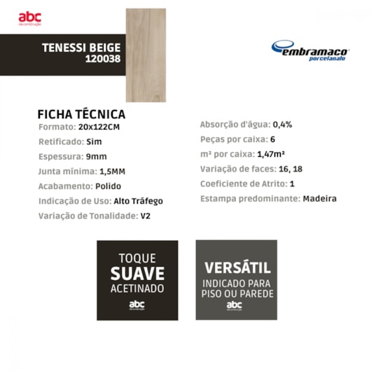 Porcelanato Embramaco Tenessi Beige 20x122cm Retificado  - Imagem principal - 2f94fcb8-b8ec-4859-b66f-995c4fac34a7