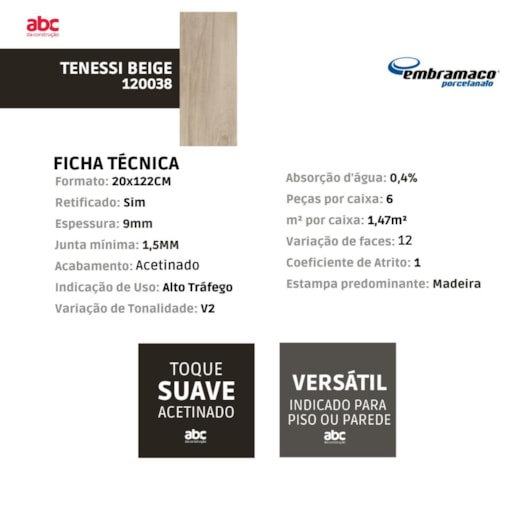 Porcelanato Embramaco Tenessi Beige 20x122cm Retificado - Imagem principal - 4657870d-d03a-46a7-b63e-e0505ba505fa