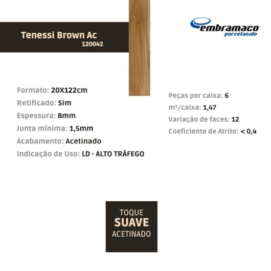 Porcelanato Embramaco Tenessi Brown Acetinado 120042 20x122cm Retificado - Imagem principal - 137952f2-8bbb-4818-a9fa-abc5e9cdb093