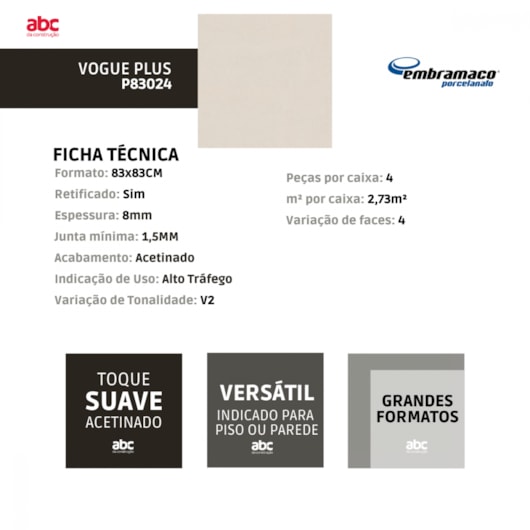 Porcelanato Embramaco Vogue Plus 83024 Acetinado 83x83cm Retificado - Imagem principal - e0474409-191c-4a38-8eab-1c20c293f8c7