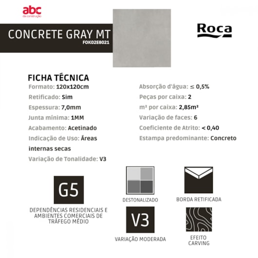 Porcelanato Esmaltado 120x120cm Retificado Concrete Gray Acetinado Roca - Imagem principal - c5d1d10c-b7fc-42cb-a422-7fcbb1ec9c51