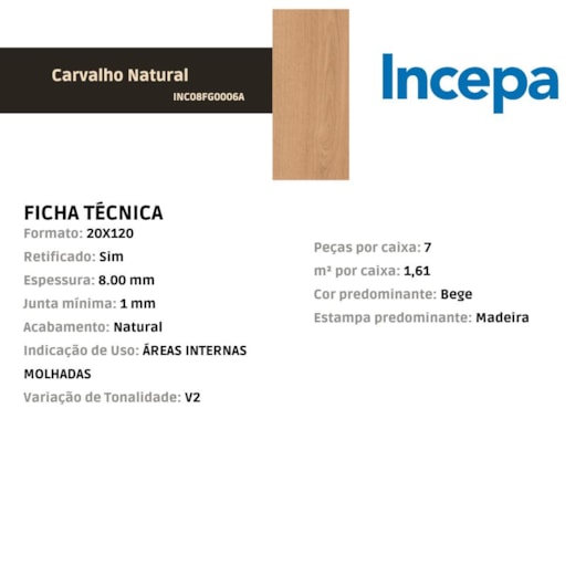 Porcelanato Incepa Carvalho Natural Acetinado 20x120cm Retificado - Imagem principal - 8d2cb650-ee89-4670-99ad-e853321b6d92