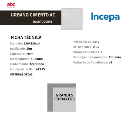 Porcelanato Incepa Lm Urbano Cimento Acetinado 120x120cm Retificado - Imagem principal - 7310b219-fb72-4b76-89f2-bdb1db1a03ec