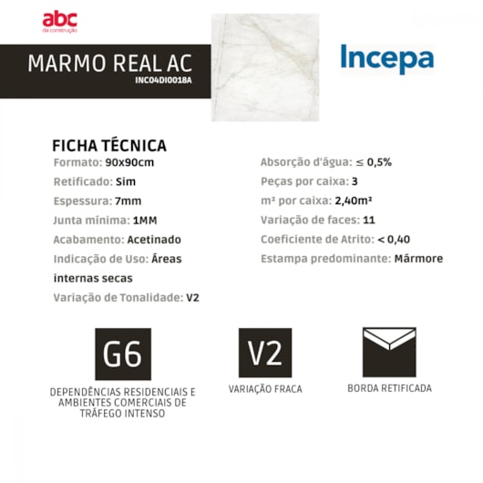 Porcelanato Incepa Marmo Real Acetinado 90x90cm Retificado  - Imagem principal - 2d148af5-951d-437c-b199-d2a315926c09