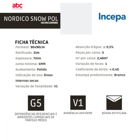 Porcelanato Incepa Nordico Snow Polido 7mm 90x90cm Retificado - Imagem principal - 730d9067-ed1c-40d3-94e0-18cb8840d3af