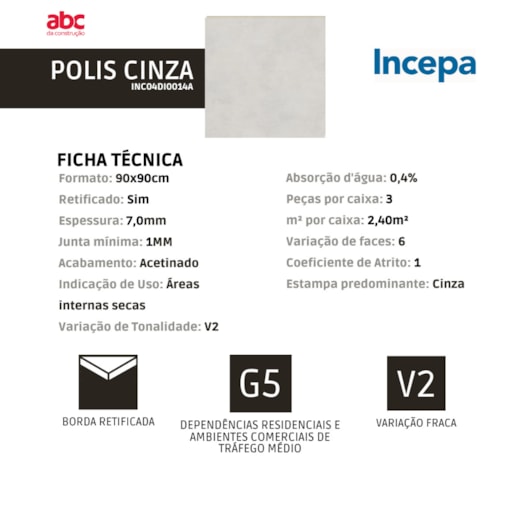 Porcelanato Incepa Polis Acetinado Cinza 90x90cm Retificado  - Imagem principal - 3c39e541-955e-4d33-b733-20a73c73d56a