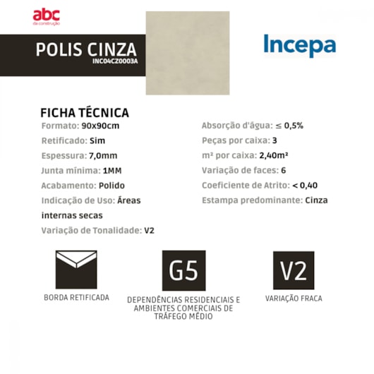 Porcelanato Incepa Polis Cinza Polido 90x90cm Retificado  - Imagem principal - 527b74cb-e091-48d6-889e-237ddbe2d04e