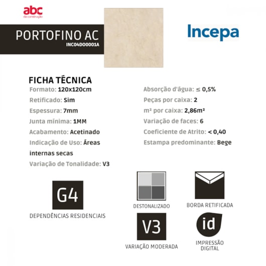 Porcelanato Incepa Portofino Acetinado Incepa 120x120cm Retificado - Imagem principal - 098c808b-e77d-4d87-bc69-1da481ca70c0