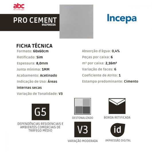 Porcelanato Incepa Pro Cement Acetinado 60x60cm Cinza Retificado  - Imagem principal - 45c3ece1-39d2-4ef5-be63-fb546bdf3d4d