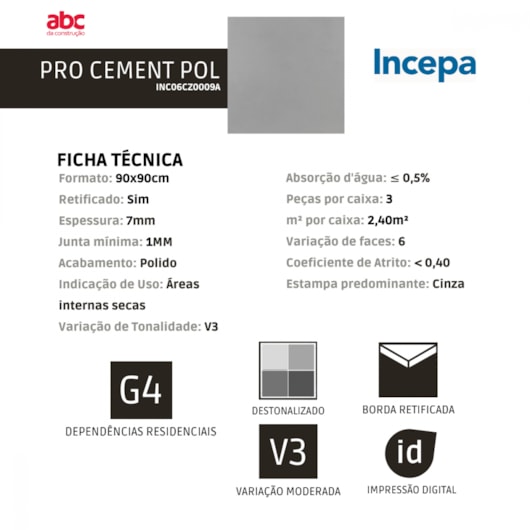 Porcelanato Incepa Pro Cement Polido 7mm 90x90cm Retificado - Imagem principal - a630a1e6-216c-4716-a0c3-b2509826bd1a