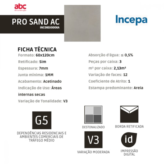 Porcelanato Incepa Pro Sand Acetinado 7mm 60x120cm Retificado - Imagem principal - 47e260bf-e39d-401d-b4bd-c1dfaaa69635