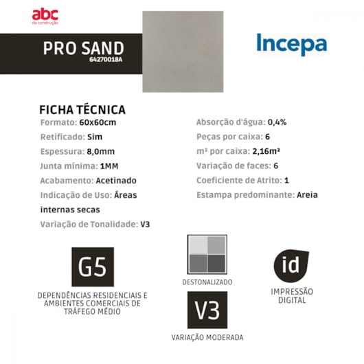 Porcelanato Incepa Pro Sand Bege Acetinado 60x60cm Retificado  - Imagem principal - 5af78e8a-e758-435f-a711-b958940a75fb