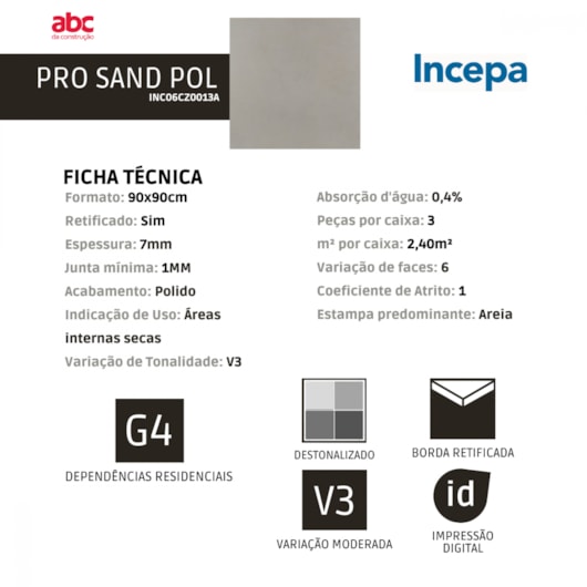 Porcelanato Incepa Pro Sand Polido 7mm 90x90cm Retificado - Imagem principal - 8ebc972d-7953-4969-8f03-ff94703834a9