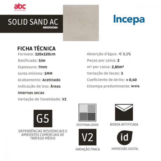 Porcelanato Incepa Solid Sand Acetinado 120x120cm Bege Retificado - Imagem principal - 01abab4f-168a-4439-8431-202bd2d030d3