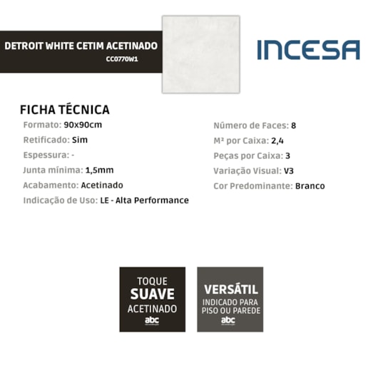 Porcelanato Incesa Detroit White Cetim 90x90cm Retificado - Imagem principal - b1c19a37-3cd8-4596-8f42-fb60009a4823