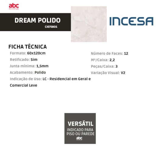 Porcelanato Incesa Dream Polido 60x120cm Retificado - Imagem principal - 7996320c-e430-4c6b-aeec-2f57026a5445